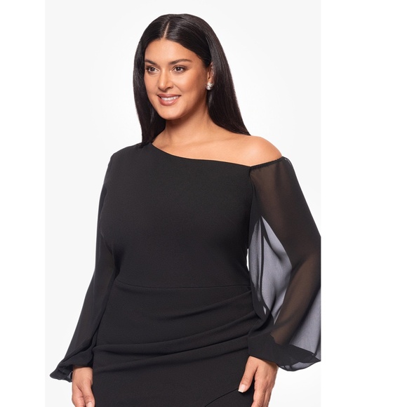 NEW Betsy & Adam BLACK Plus Size DONNA Off The Shoulder ILLUSION SLEEVE GOWN 20W - Picture 7 of 13